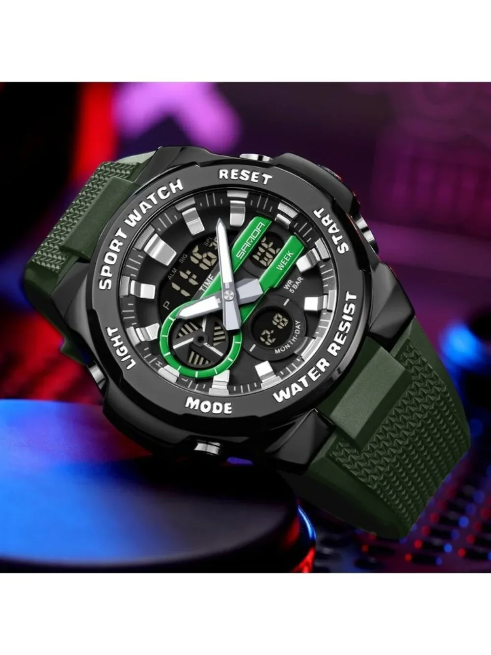 Men's Green White Analog Quartz Electronic Military Multifunction Digital Watch